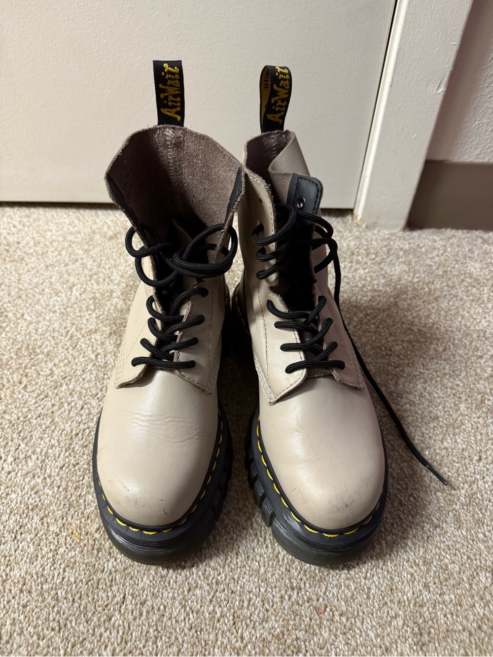 Dr. Martens Cream Leather Lace-Up Combat Boots with Black Soles
